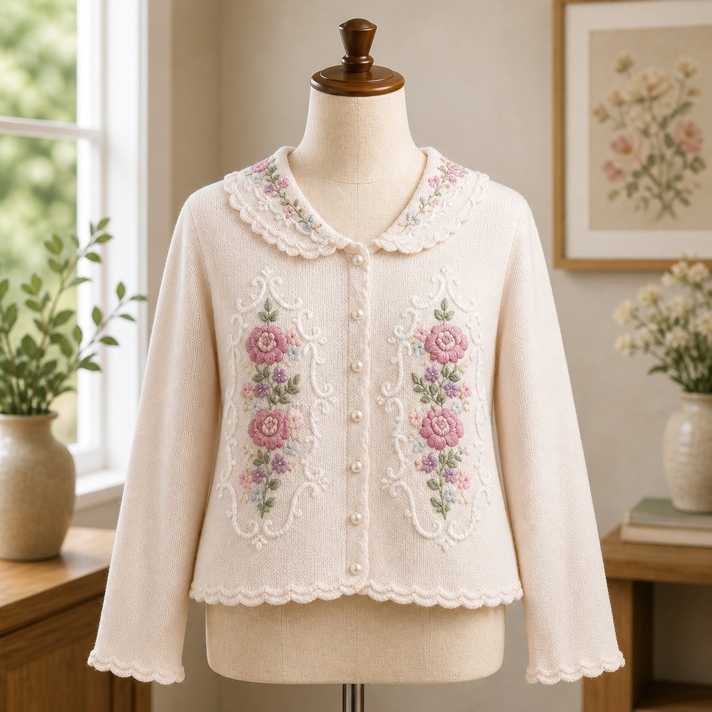 Dana Scott Cream Floral Embroidered Cardigan Sweater Pearl Accents Medium - Picture 1 of 8